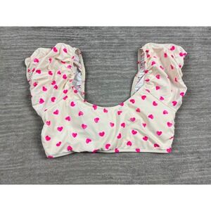 Decree Bikini Top Womens L Cream Pink Heart Print Ruffle Sleeve Square Neck Tie